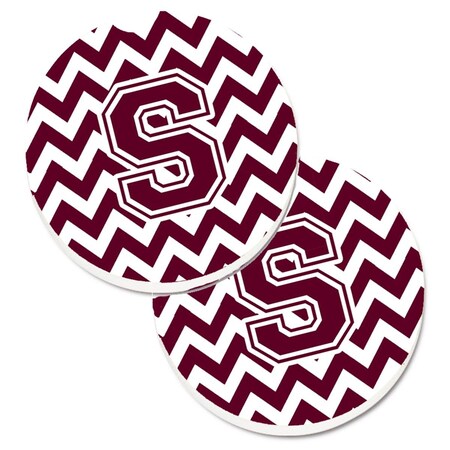 Carolines Treasures Letter S Chevron Maroon and White Set of 2 Cup Holder Car Coaster CJ1051-SCARC